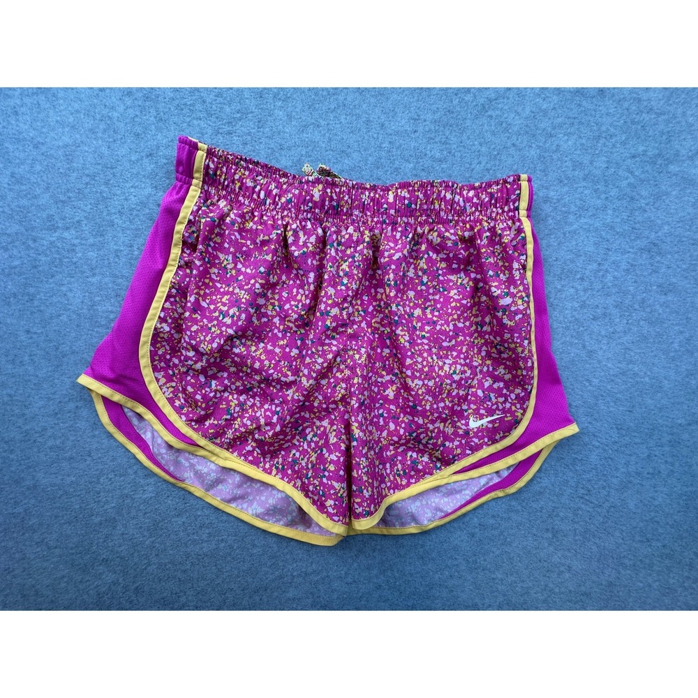 Nike Dri-FIT Womens Running Shorts Pink Floral Splatter Print Yellow Trim Size M